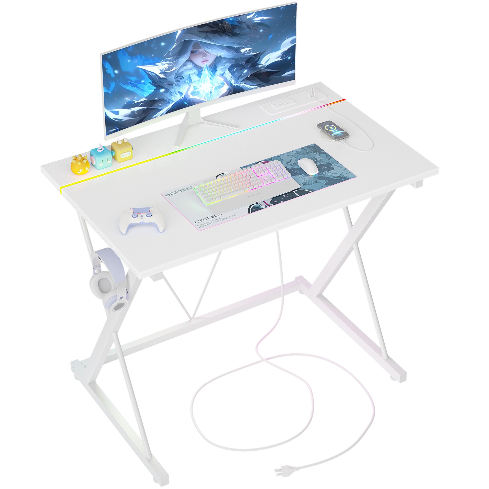 Gaming Desk with Power Outlets, LED 40 Inch Ergonomic Computer Carbon Fiber Surface Gamer Desk, PC Workstation with Headphone Hook for Bedroom, Kids Desk Gift for Boys, Black