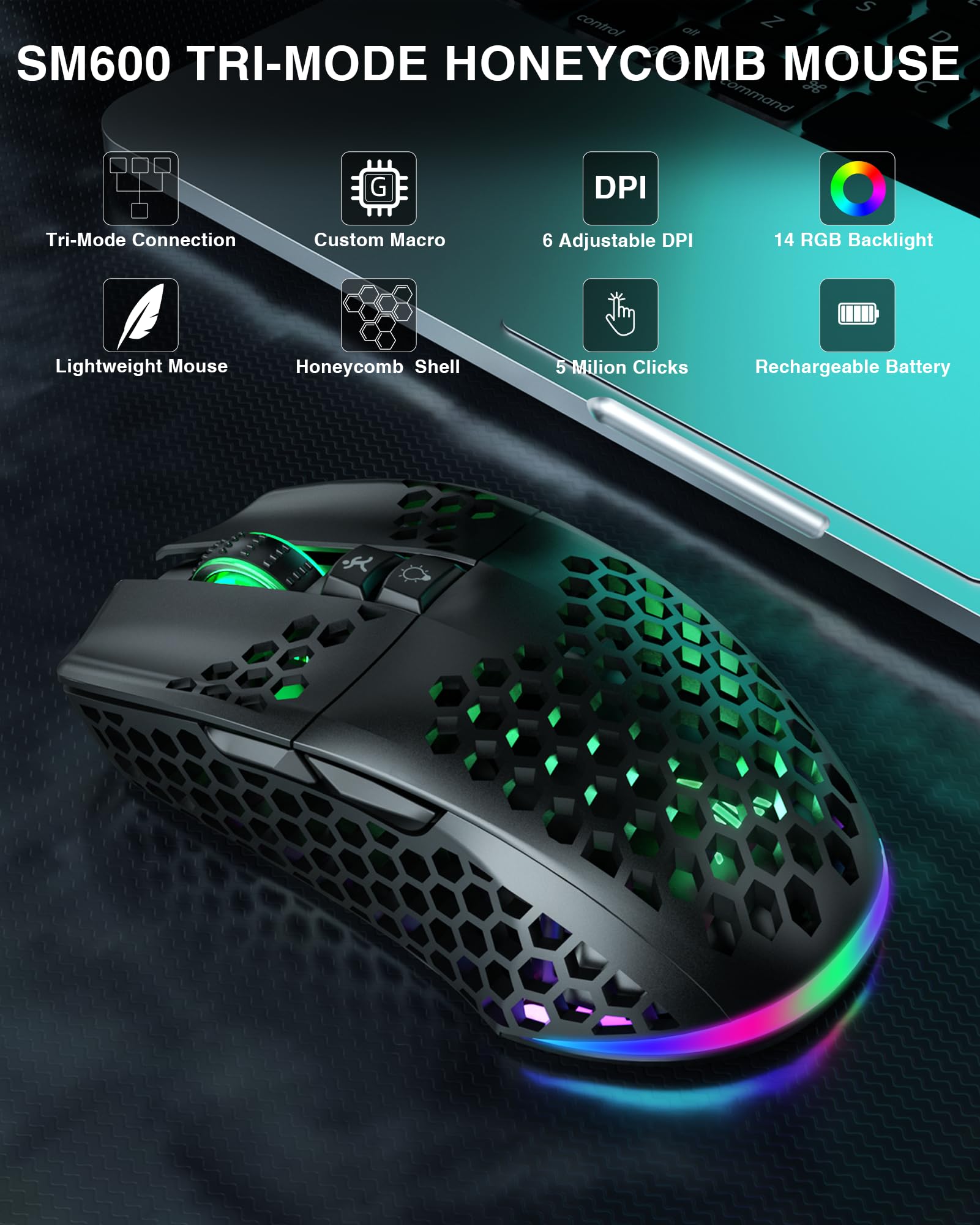 Wireless Gaming Mouse, Tri-Modes with Two Side Buttons
