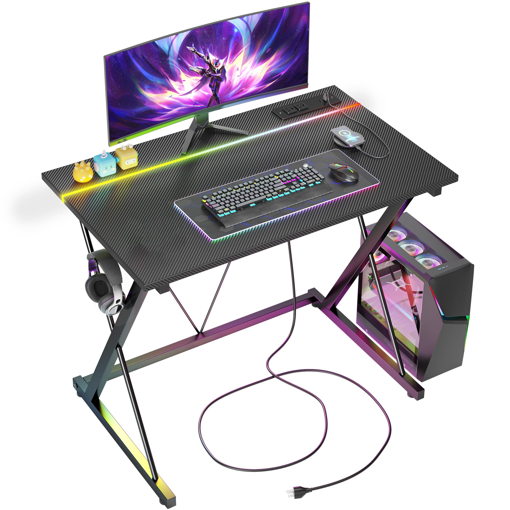 Gaming Desk with Power Outlets, LED 40 Inch Ergonomic Computer Carbon Fiber Surface Gamer Desk, PC Workstation with Headphone Hook for Bedroom, Kids Desk Gift for Boys, Black