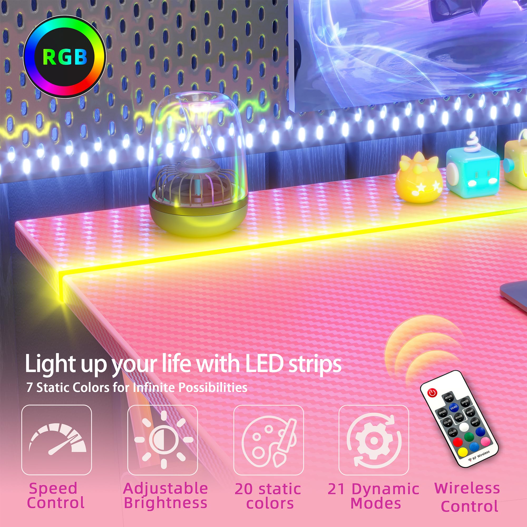 Gaming Desk with Power Outlets, LED 40 Inch Ergonomic Computer Carbon Fiber Surface Gamer Desk, PC Workstation with Headphone Hook for Bedroom, Kids Desk Gift for Boys, Black