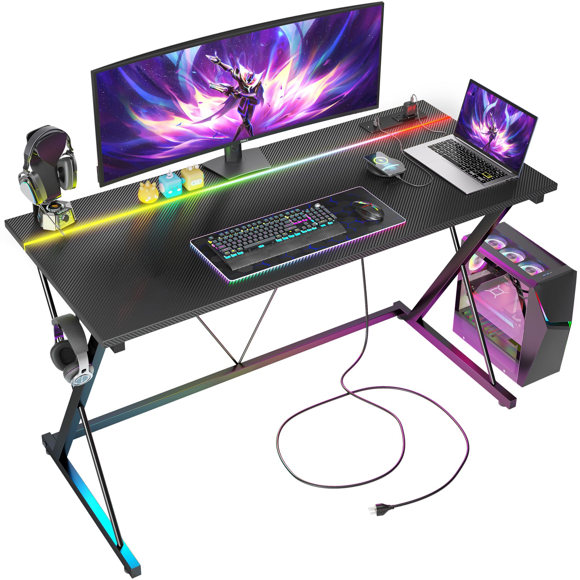 Gaming Desk with Power Outlets, LED 40 Inch Ergonomic Computer Carbon Fiber Surface Gamer Desk, PC Workstation with Headphone Hook for Bedroom, Kids Desk Gift for Boys, Black