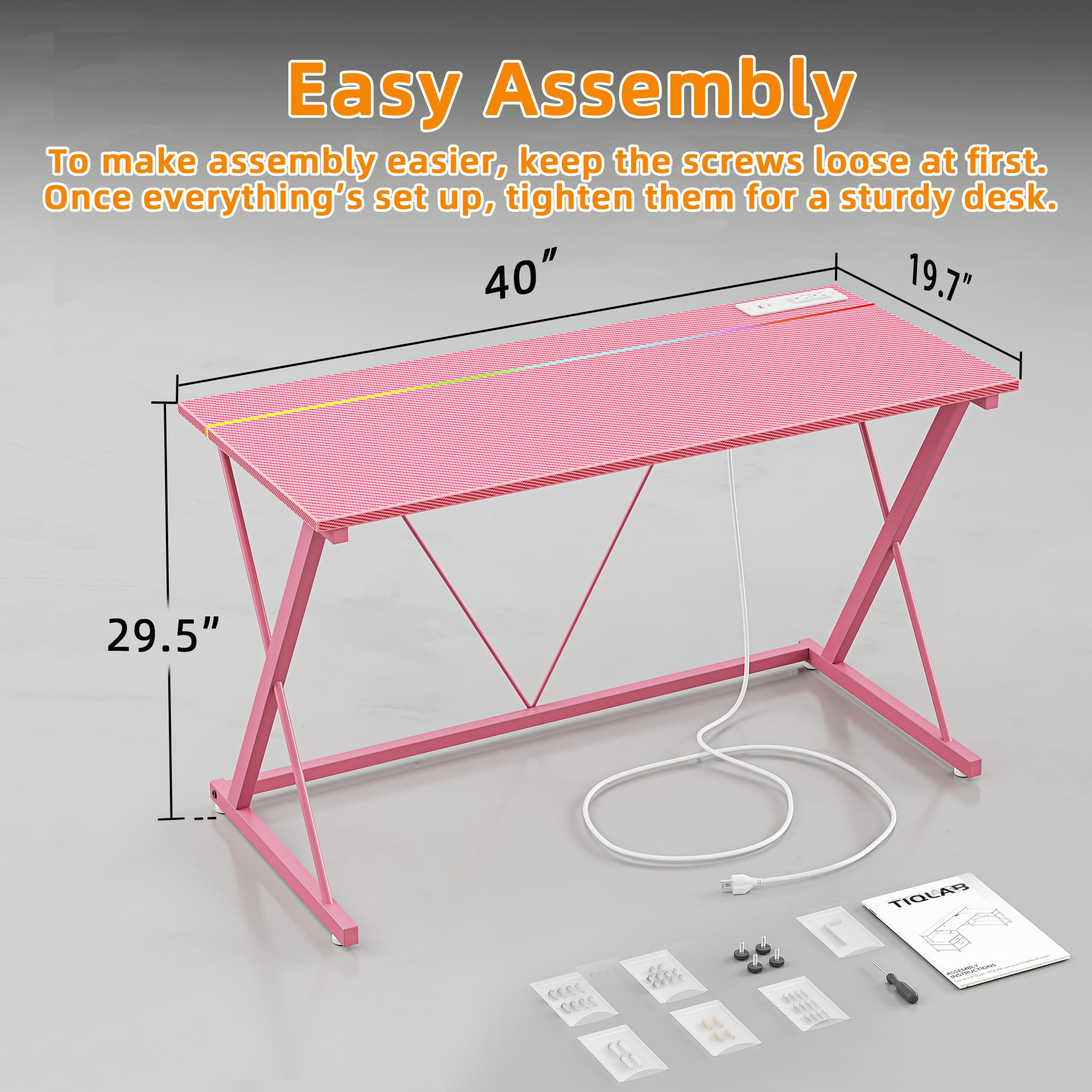 Gaming Desk with Power Outlets, LED 40 Inch Ergonomic Computer Carbon Fiber Surface Gamer Desk, PC Workstation with Headphone Hook for Bedroom, Kids Desk Gift for Boys, Black