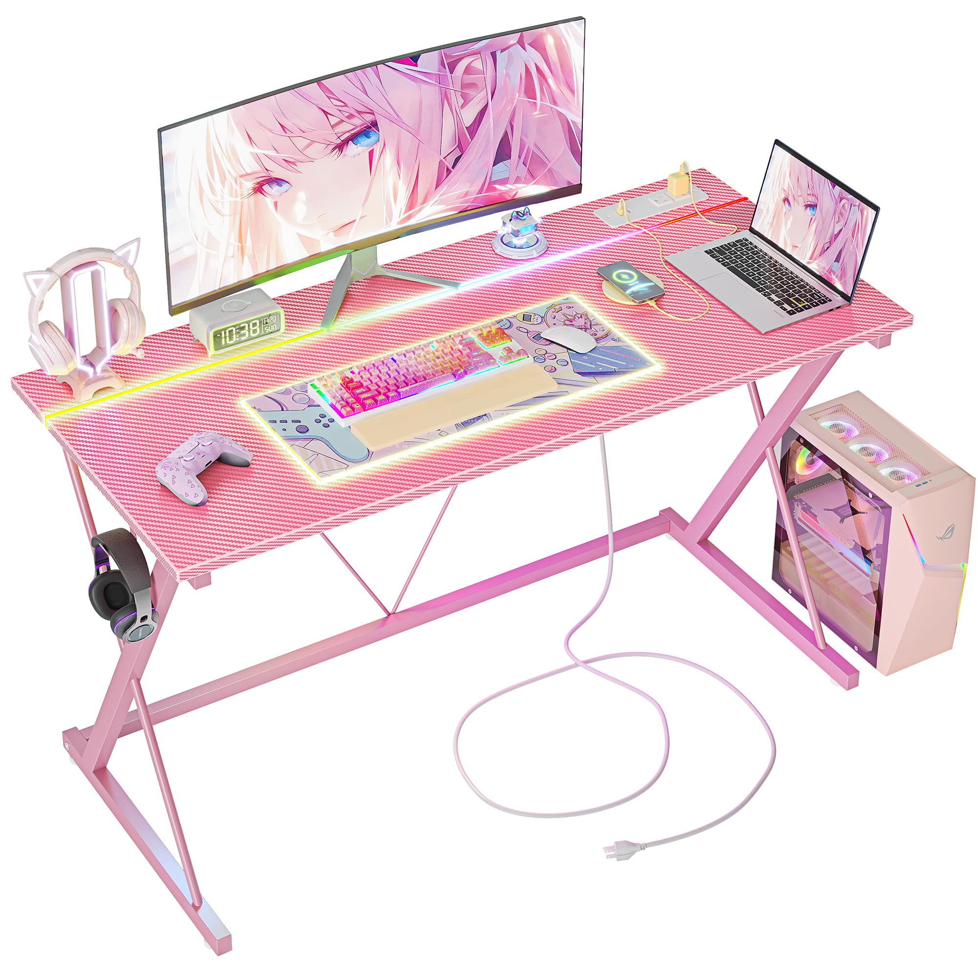 Gaming Desk with Power Outlets, LED 40 Inch Ergonomic Computer Carbon Fiber Surface Gamer Desk, PC Workstation with Headphone Hook for Bedroom, Kids Desk Gift for Boys, Black