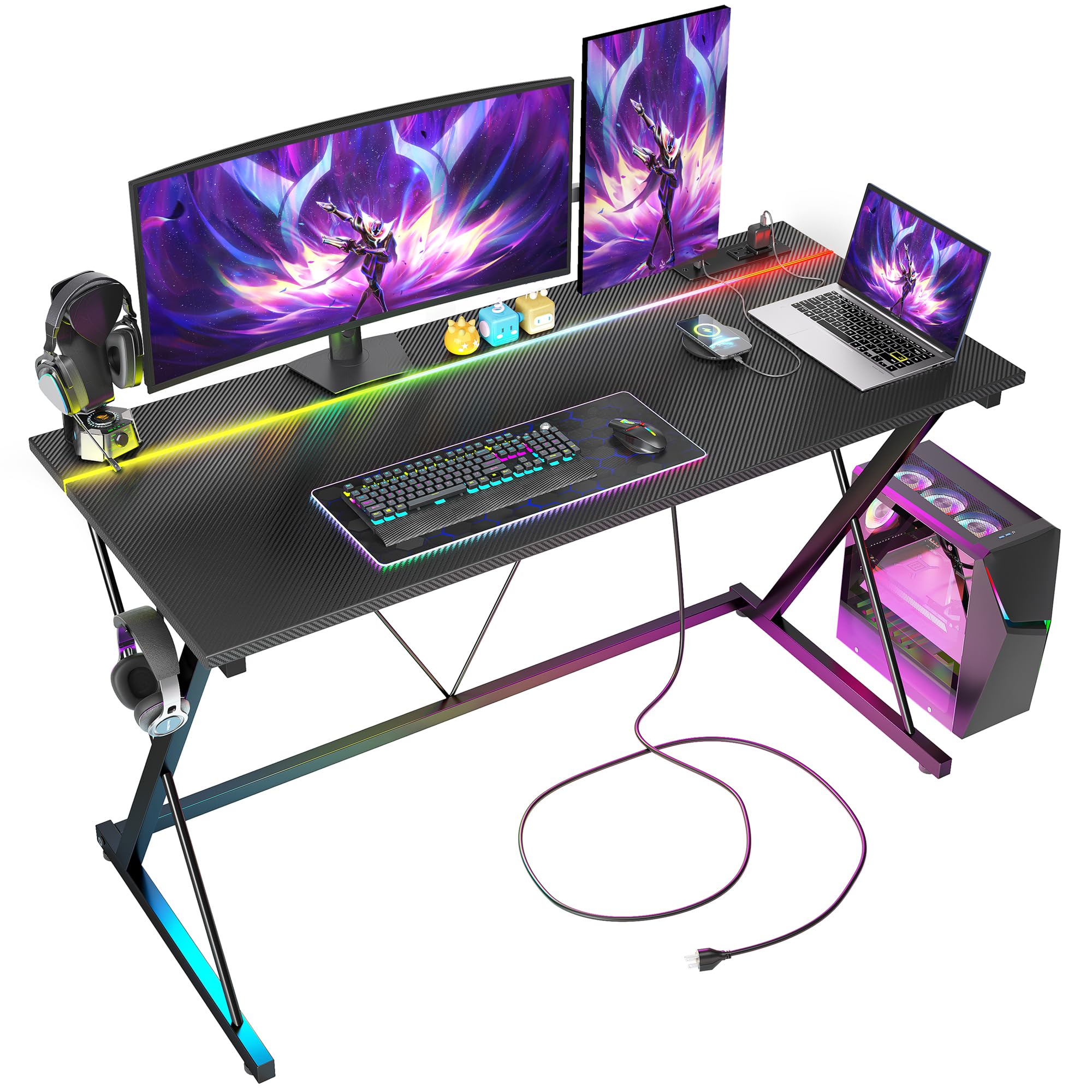 Gaming Desk with Power Outlets, LED 40 Inch Ergonomic Computer Carbon Fiber Surface Gamer Desk, PC Workstation with Headphone Hook for Bedroom, Kids Desk Gift for Boys, Black