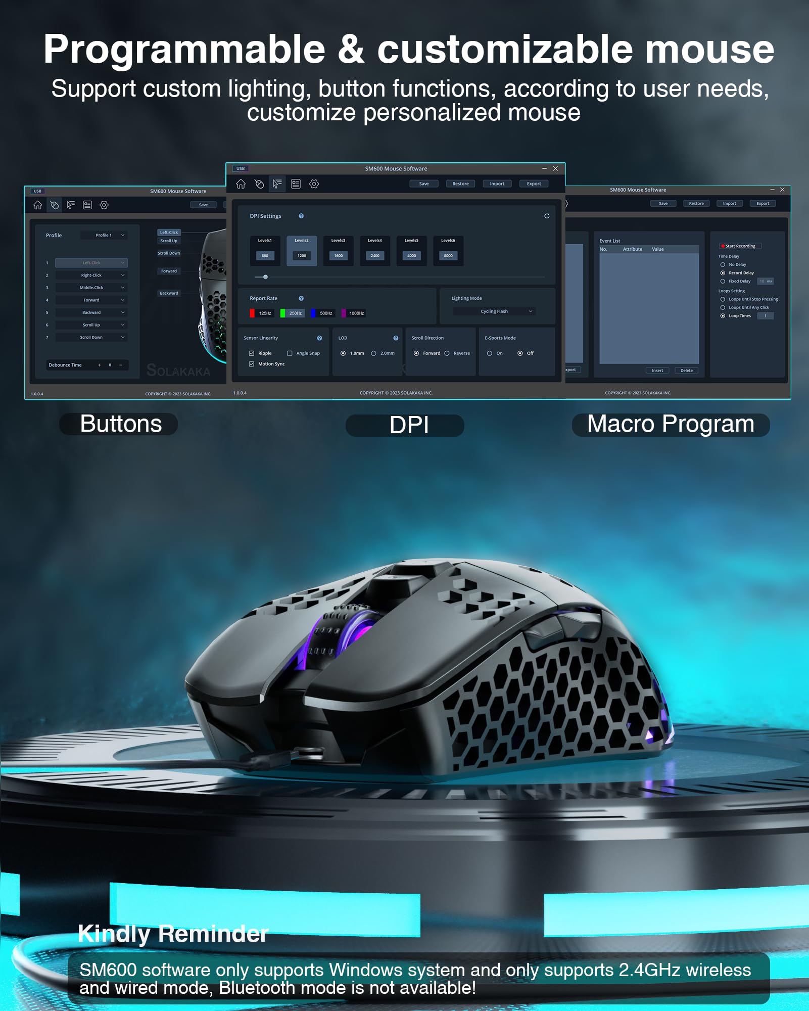Wireless Gaming Mouse, Tri-Modes with Two Side Buttons