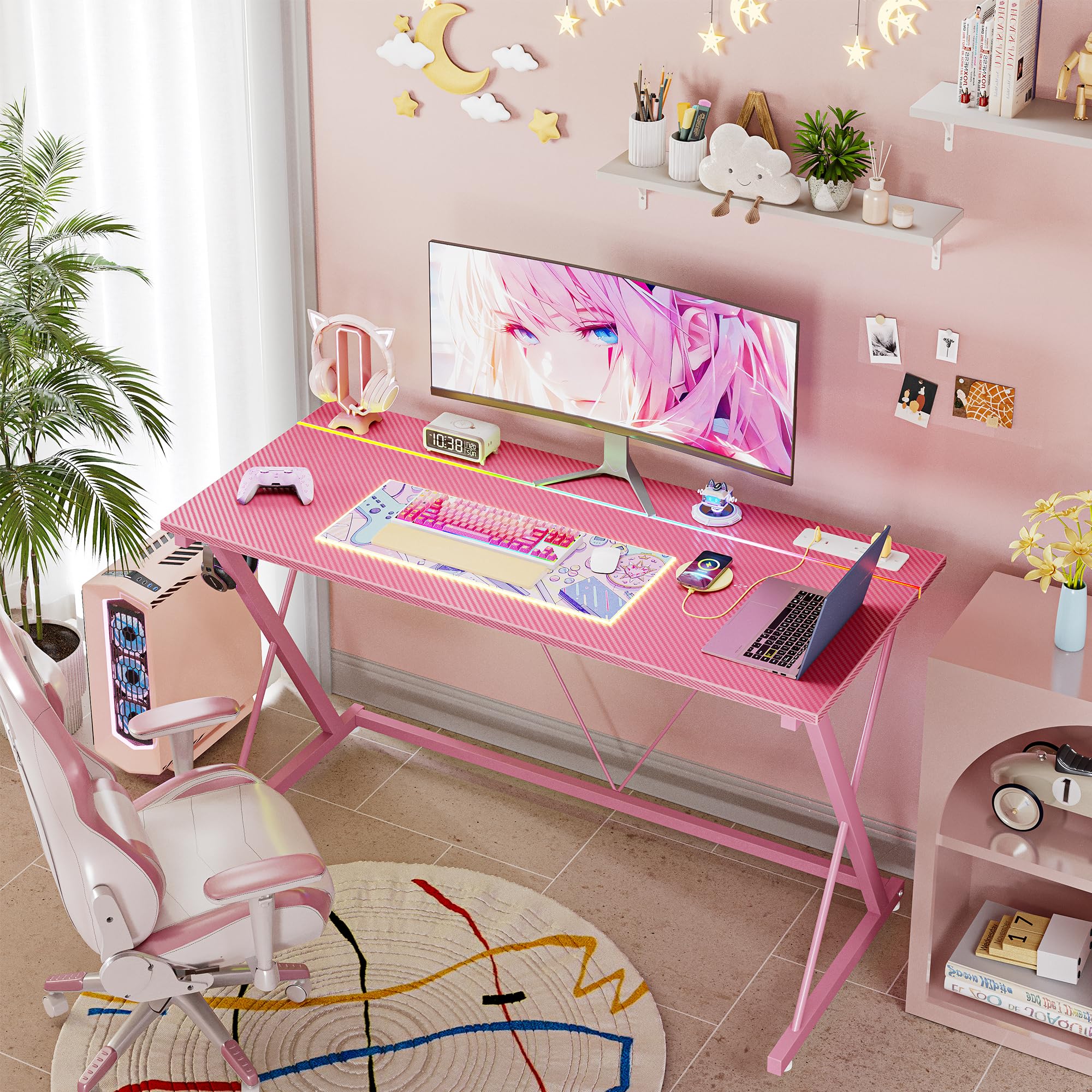 Gaming Desk with Power Outlets, LED 40 Inch Ergonomic Computer Carbon Fiber Surface Gamer Desk, PC Workstation with Headphone Hook for Bedroom, Kids Desk Gift for Boys, Black